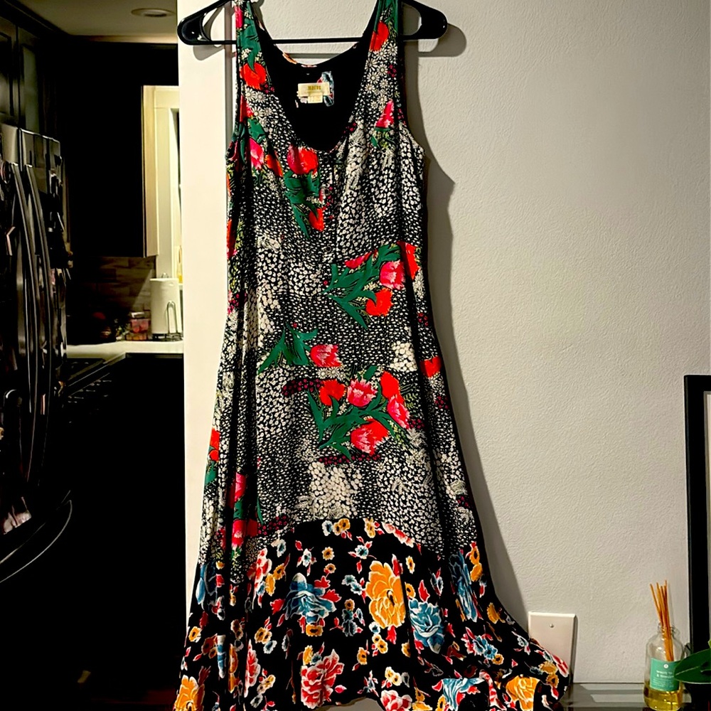 Maeve Anthropologie Black Floral Midi Dress with Red and Green Accents